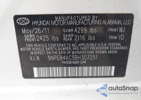 2011 Hyundai Sonata Gls z USA, uszkodzony, nr VIN 5NPEB4AC5BH307251
